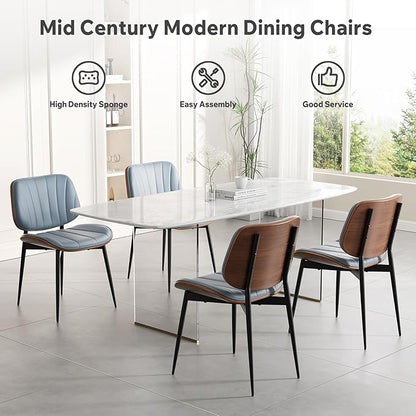 Dining Chairs Set of 8, Mid Century Modern Dining Room Chair, Upholstered Faux Leather Kitchen Chairs with Walnut Bentwood Back and Metal Legs for Kitchen Dining Room Living Room, Blue