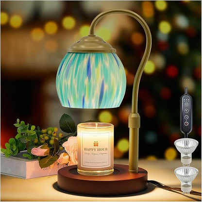 Candle Warmer Lamp with Timer Dimmer - Height Adjustable Wax Melt Warmer for Jar Candles, Blown Art Glass Candle Warming Lamp with 2 Bulbs Birthday Gifts for Mom Women Candle Holders for Home Decor