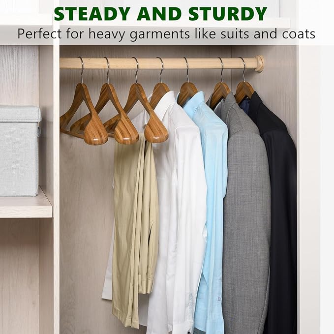 Amber Home 6 Pack Natural Wide Shoulder Bamboo Wooden Suit Coat Hangers, Bamboo Clothes Hangers with Pants Bar, Heavy Duty Bamboo Jacket Hangers for Dress, Pants, Heavy Clothes