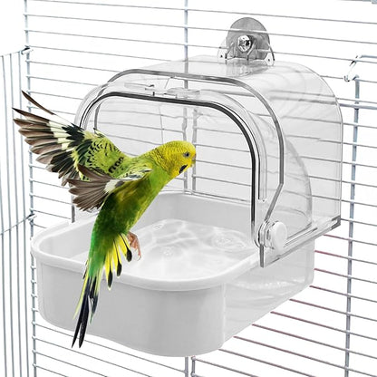 Tfwadmx Bird Cage Bath Hanging Parrot Bath Tub Water Shower Food Feeder Holder Tray Bird Bath Supplies for Small Birds Canary Budgies Cockatiel Lovebirds (White)