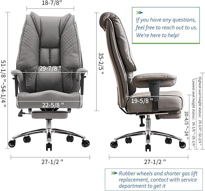 Big and Tall Office Chair 400lbs Wide Seat, Leather High Back Executive Office Chair with Foot Rest, Ergonomic Chairs Lumbar Support for Lower Back Pain Relief (Grey)