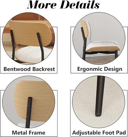 Modern PU Leather Dining Room Chairs Set of 2, Upholstered Kitchen Chairs with Curved Wood Backrest and Metal Legs Adjustable Feet for Kitchen Dining Room(White)