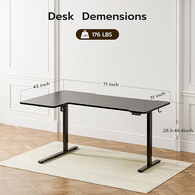 71" Reversible L-Shaped Electric Standing Desk Adjustable Height Gaming Stand Up Corner Desk Sit Stand Home Office Computer Desk with Splice Board, Black
