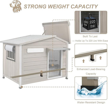 Outdoor Dog House with Reinforced Iron Frame, Wooden Kennel with Weather-Resistant Roof, Removable Floor, Vent Window & Easy Assembly, for Medium & Large Dogs, 40" L x 26" W x 33.5" H