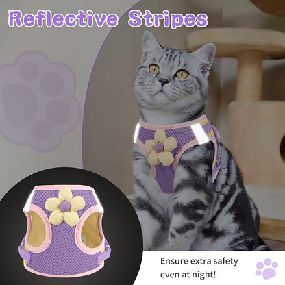 Cat Harness and Leash Set for Walking Escape Proof, Adjustable Kitten Harness Breathable Mesh with Reflective Strips Harness with Flower for Kitty Puppy Bunny Purple S