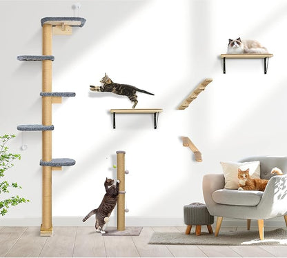 Cat Wall Shelves for Kittens, 83” Floor to Ceiling Cat Tree with Grey Plush Pads, Adjustable Wild Simulation Climbing Tree, Wall-Mounted Cat Tower with Scratching Post for Play, Climb & Scratching
