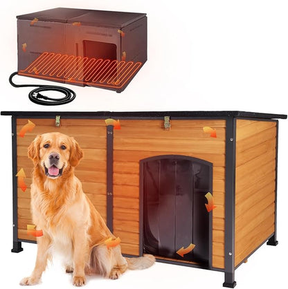 59.1" Extra Large Heated Dog House with Electric Heating Pad,Outdoor & Indoor Dog Kennl with Insulated Liner Keep Warm in Winter, Waterproof Pet Shelter, Strong Metal Frame