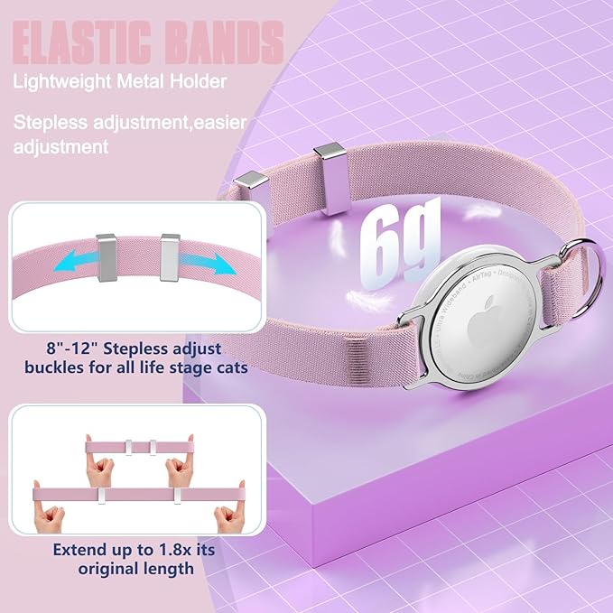 AirTag Cat Collar, Ultra Elastic Cat Tracker Collar, Airtag Holder Compatible with Apple Air Tag, [Lightweight & Scratch Resistant] Adjustable Stepless GPS Pet Collar for Cats Kittens, Pink