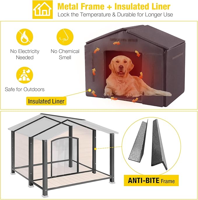 Aivituvin Dog House Outdoor with Metal Frame, Insulated Dog Kennel Outside for Large Breed, 41.5" Weatherproof Large Dog Shelter with Insulated Liner, Brown (41.38" D x 41.54" W x 34.05" H)