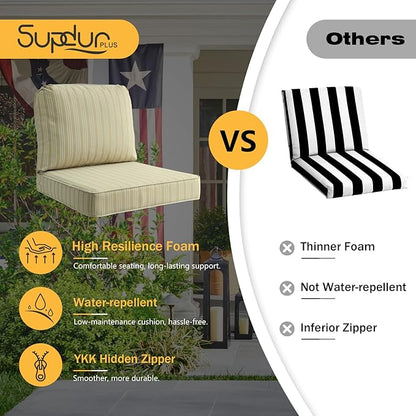 Outdoor Cushions for Patio Furniture Set of 2, 24"x24" Water Repellent Chair Cushions Removable Seat Bottom & Back Cushion Covers for Chair, Sofa, Couch, Beige Brown Stripe