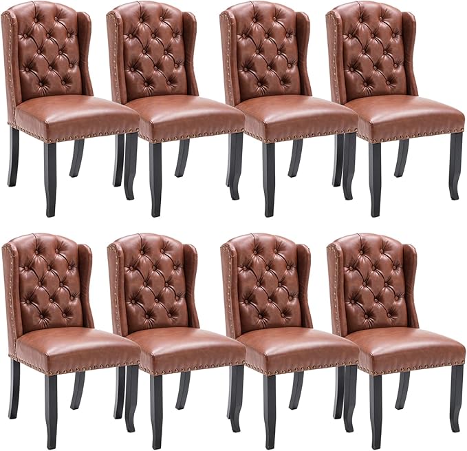 DUOMAY Modern Tufted Dining Chairs Set of 8, PU Leather Upholstered Dining Room Chairs Armless Guest Side Chair for Kitchen Dining Room, Wingback Accent Chairs with Solid Wood, Brown