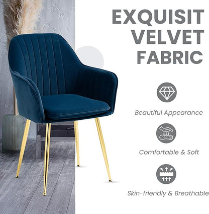 ECOTOUGE Matte Velvet Dining Chairs Set of 2, Modern Arm Chair with Golden Metal Legs, Living Room Accent Chairs for Kitchen, Blue