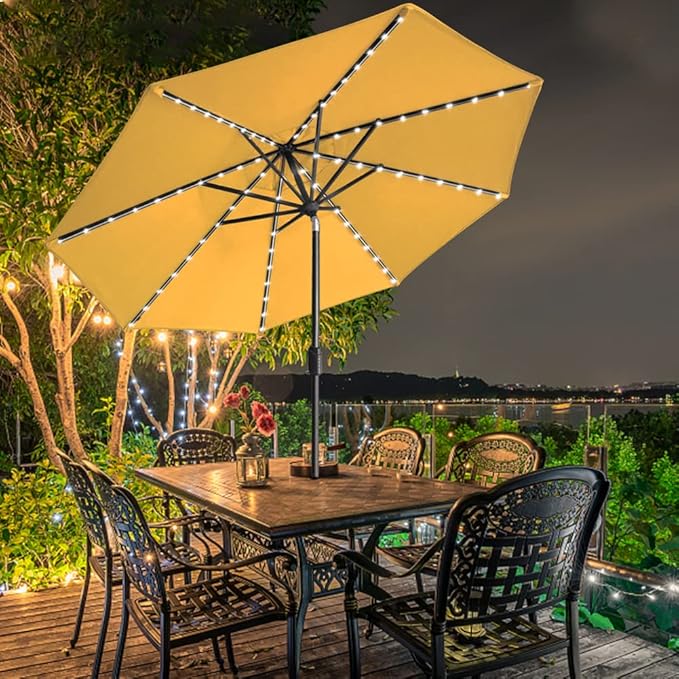 EliteShade USA 10-Year-Non-Fading Solar 9ft Market Umbrella with 80 LED Lights Patio Umbrellas Outdoor Table Umbrella with Ventilation, Sunflower Yellow