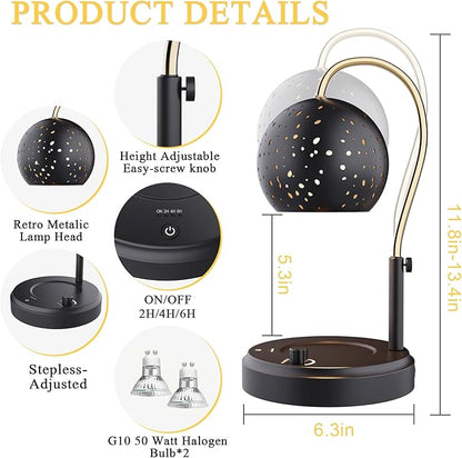 Candle Warmer Lamp with Timer, Candle Warmer Lamp Adjustable Height with 2 Bulbs, Dimmable Electric Candle Warming Lamp for Scented Jar Candles, Black