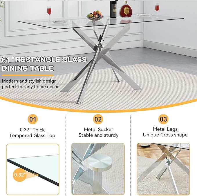 Goujxcy Glass Dining Table Set for 4, Modern Kitchen Table and Chairs Set of 4, 5-Piece Kitchen Dining Room Table Set w/61 Glass Silver Dining Table and 4 Green Velvet Upholstered Chairs
