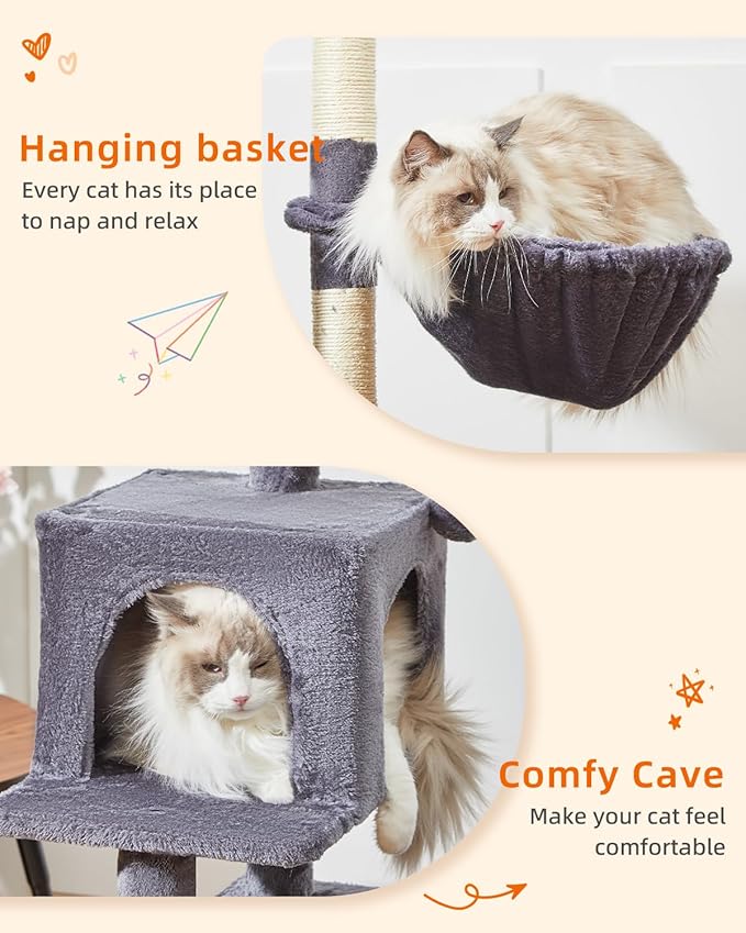 Taoqimiao Cat Tree,49-Inch Cat Tower for Indoor Cats,2 Luxurious cat condo with Adjustable Large Hanging Baskets and Large Luxurious Perch Smoky Gray MS029LG