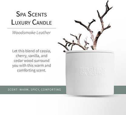 European Spa Source Woodsmoke + Leather Luxury Candle for Aromatherapy, Soy Wax Candle, Hand Poured, at Home Spa Experience Promoting Relaxation, 45 Hours of Burn Time
