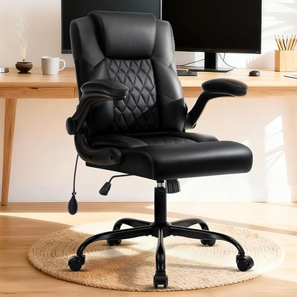 Office Chair with Adjustable Lumbar Support,Leather Ergonomic Computer Desk Chair with Flip-up Arms,Adjustable Tilt Lock,Swivel Rolling Executive PC Chair for Work, Study,Meeting,Small Space.Black