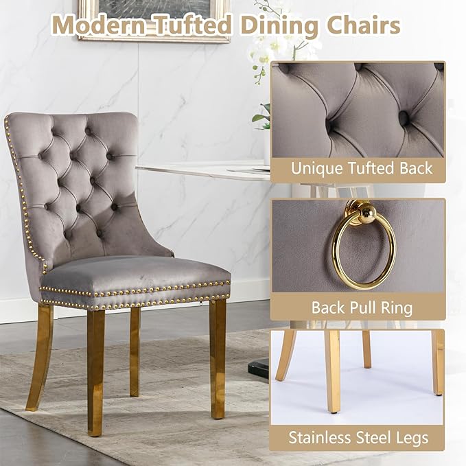 Goujxcy 5 Piece Glass Dining Table Set Modern Glass Dining Table Set for 4, 51" Rectangular Kitchen Table and 4 Velvet Upholstered Chairs for Kitchen Dining Room, Gold Table & Grey Chair