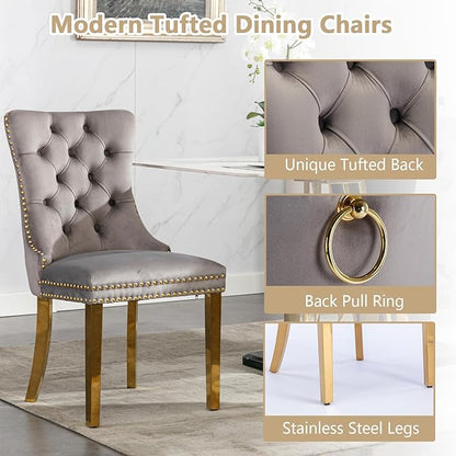 Goujxcy 3 Piece Round Glass Dining Table Set for 2, 36" Round Dining Table & Chair Set Modern Circle Glass Kitchen Table and 2 Velvet Upholstered Chairs for Kitchen Dining (Gold Table & Grey Chair)