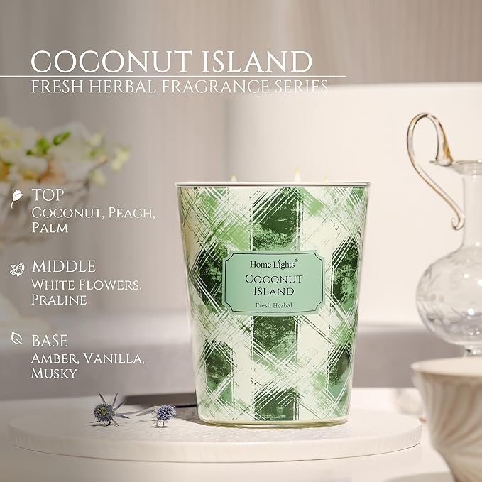 HomeLights 3-Wick Candles for Home Scented - 34oz Soy Wax Blend Candle Long-Lasting Fragrance, Scandinavian Minimalist Design Home Decor and Housewarming Gifts, Coconut Island