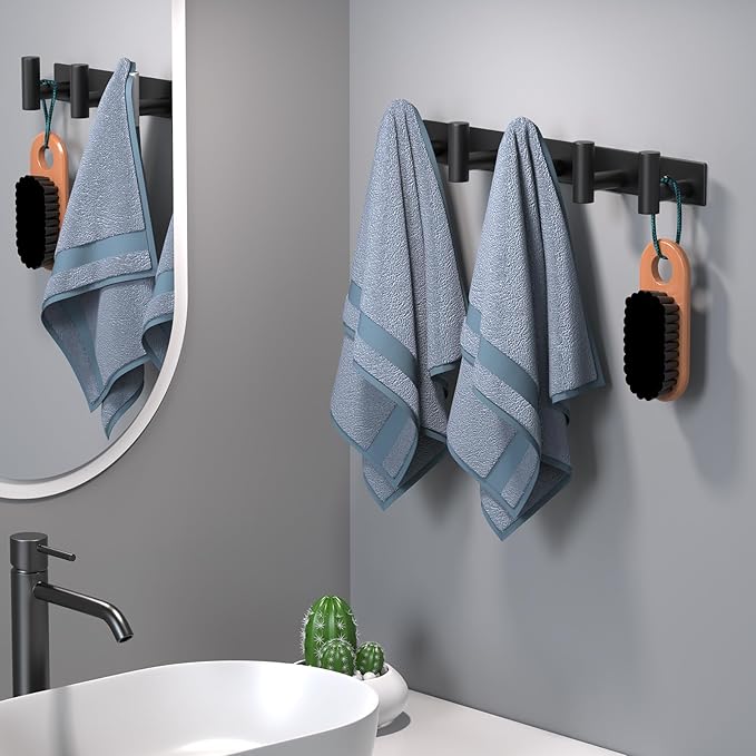 HUFEEOH Coat Hooks Wall Mount, Black T Shaped 5 Hooks Stainless Steel Wall Hooks Towel Rack for Hanging, Heavy Duty Key Holder Hat Rack Used for Bathroom Mudroom Entryway