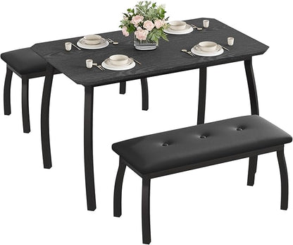GAOMON Dining Table Set for 4, Metal Frame Kitchen Table Set with 2 Upholstered Bench, 3 Piece Dining Room Table Furniture for Apartment, Studio, Home, Easy Assembly, Black
