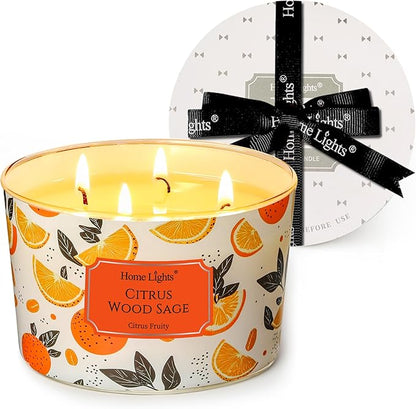 HomeLights Citrus Wood Sage Scented Candles | 18oz Soy Candles Eclectic Mixed Styles 4-Wick Large Candle Jars | Ideal Candle Gifts for Events, Home Decor Stress, Relief & Relaxation