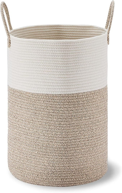 VIPOSCO Large Laundry Hamper, Tall Woven Rope Storage Basket for Blanket, Toys, Dirty Clothes in Living Room, Bathroom, Bedroom - 72L White & Brown