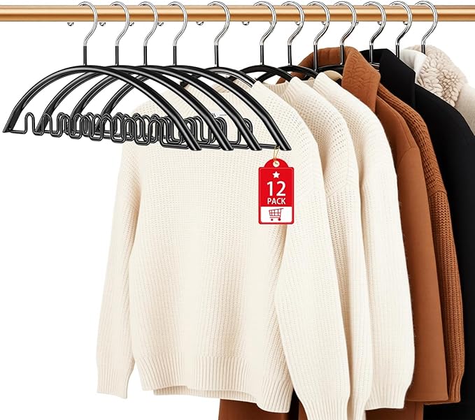 Clothes Hangers 12 Pack, Sweater Hangers No Shoulder Bump Metal Non Slip Heavy Duty Coat Hangers for Closet Organizers and Storage Space Saving Shirt Hanger for Suits Dresses Jackets Bra Shirt Black