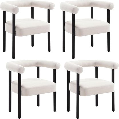 Mid-Century Modern Dining Chairs Set of 4, Armrest Barrel Dining Chairs Side Accent Chairs with Curved Back, Upholstered Wood Armchairs for Kitchen, Linen Beige