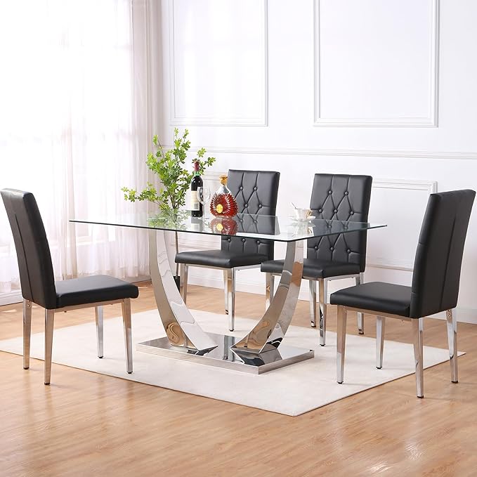 Modern Dining Table Set for 4,Dining Room Table Set for 4,Kitchen Table Set with 4 PU Leather Chairs,63'' Glass Dining Table Set with Silver U-Shaped Table Legs and Rectangular Base