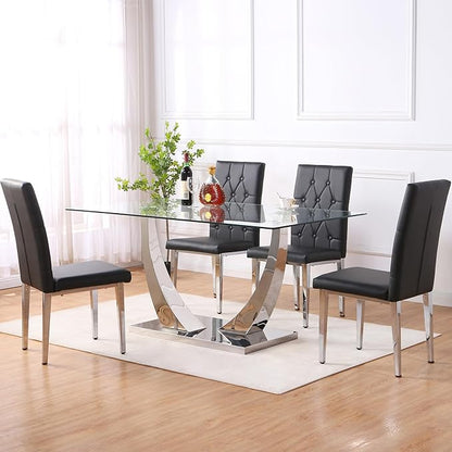 Modern Dining Table Set for 4,Dining Room Table Set for 4,Kitchen Table Set with 4 PU Leather Chairs,63'' Glass Dining Table Set with Silver U-Shaped Table Legs and Rectangular Base