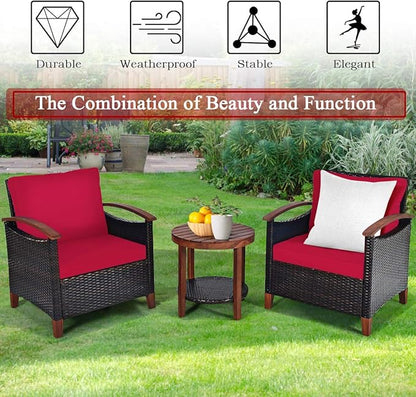 Tangkula 3 Pieces Patio Furniture Set, Outdoor Rattan Sofa and Side Table w/Solid Acacia Wood Frame, High Load Bearing Conversation Bistro Set w/Washable and Removable Cushions (Red)