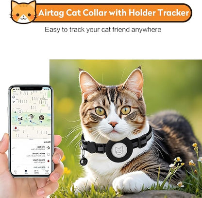 Airtag Cat Collar with Bell, Reflective Nylon Kitten Collar with Apple Air Tag Holder and Breakaway Safety Buckle for Puppy Girl Boy Cats, 3/8" in Width and Lightweight, Purple
