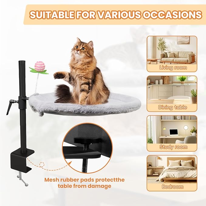 16-Inch Cat Desk Bed - 360° Rotating & Adjustable, Soft Faux Fur, Supports Up to 44lbs, Removable & Washable, Modern Indoor Cat Furniture for Office Desks, Gaming Tables & Island Tables (Round)