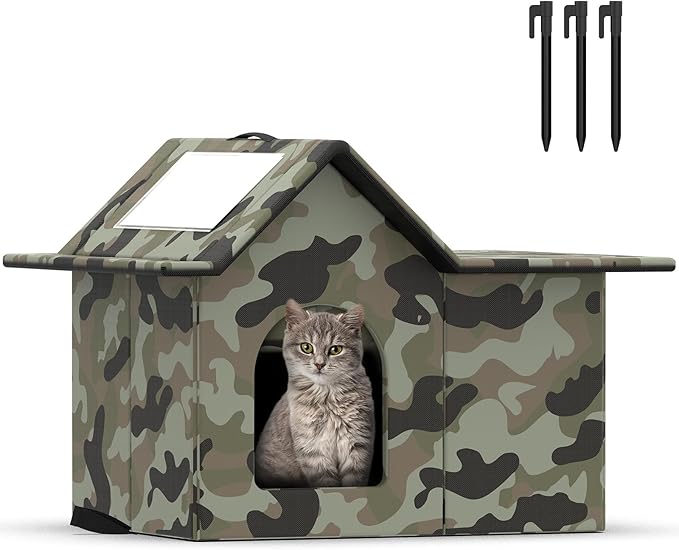 Outdoor Cat House Weatherproof, Large Feral Cat House for Winter, Collapsible Outdoor Cats Shelter in Winter with Door and Soft Mat, Easy to Assemble (Green)