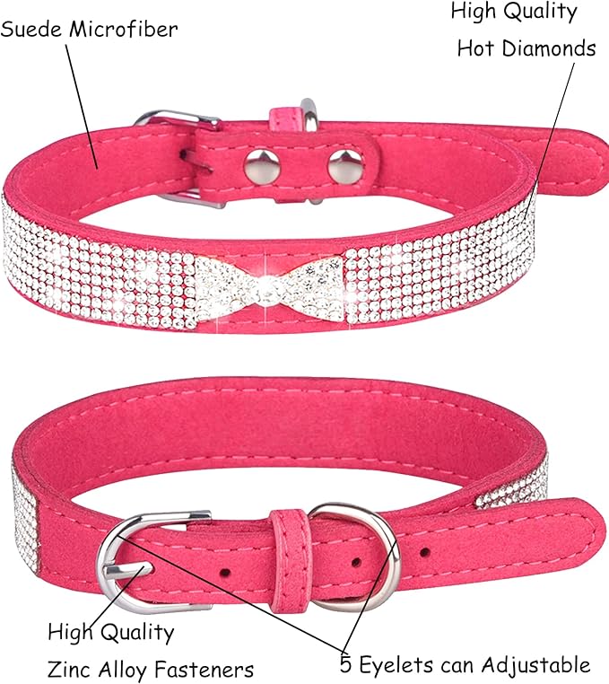 Bling Dog Collar for Small Medium Large Dogs, Crown Rhinestone Dog Collars for Girl and boy Dog, Diamond Puppy Collars, Adjustable Leather Suede SOFE Cat Collar (M(13"-15.4"/33CM-39CM), Rose Red2)