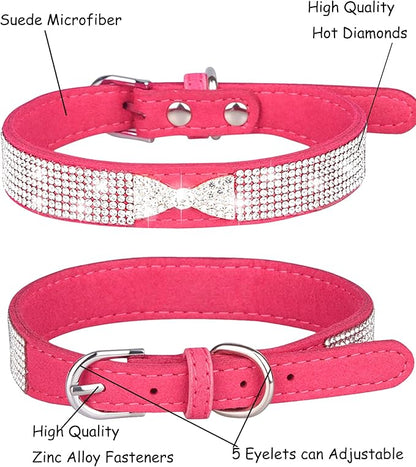 Bling Dog Collar for Small Medium Large Dogs, Crown Rhinestone Dog Collars for Girl and boy Dog, Diamond Puppy Collars, Adjustable Leather Suede SOFE Cat Collar (XS(8.2"-10.6"/21CM-27CM), Rose Red2)