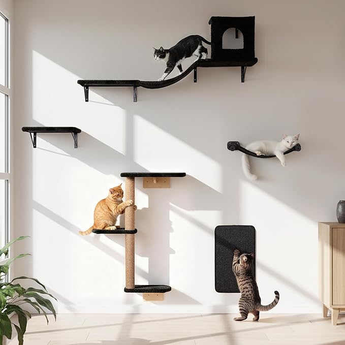Wall Mounted Cat Furniture Combo of 5, 5 in 1 Cat Shelves with Hammock, Bridge, Climbing Tree, Scratcher & Perch – Indoor Wall Cat Playground for Large Cats, Holds Up to 30 lbs,
