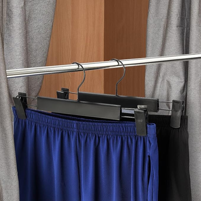 10 Pack Clothes Pants Hangers, Space-Saving Skirt Holders with 360 ° Swivel Hooks, Adjustable Clips, Trouser Coat Garment Jeans Black