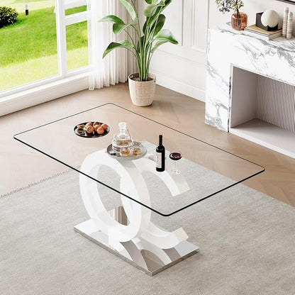 gopop 63'' Glass Dining Table, Modern Kitchen Table, Clear Glass Dinner Table with White Unique Design Leg and Silver Metal Base.(Only Table)