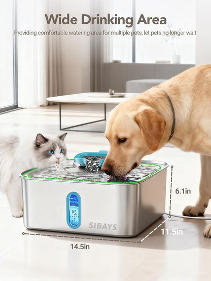 SIBAYS 4Gal/15L Large Dog Water Fountain, Stainless Steel Pet Water Fountain with Water Level Window and LED Light, Ultra Quiet Automatic Dog Water Bowl Dispenser, Easy to Clean(FS78, Silver-Blue)
