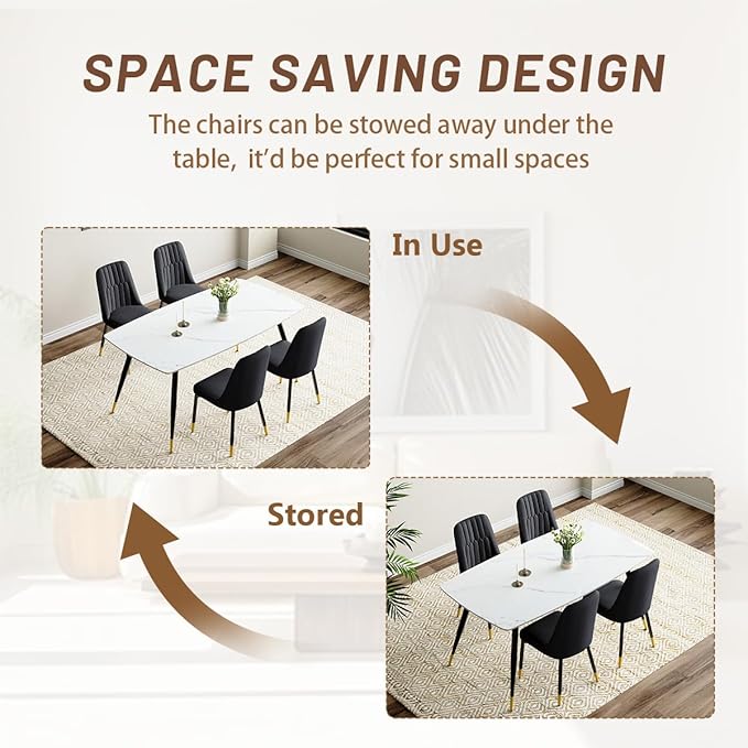 White Dining Table Set for 4, 62'' Dining Table Set for 4, Sintered Stone Dining Room Sets for 4, Easy to Assemble
