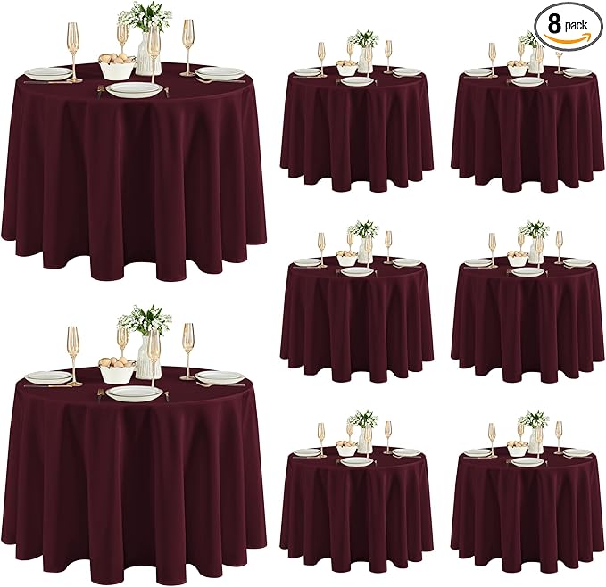 Fitable 8 Pack Round Tablecloths: Stain Resistant Wrinkle Free Circle Table Clothes, Washable Reusable Polyester Table Covers for Wedding Party Birthday Banquet Reception(Burgundy, 120 Inch)