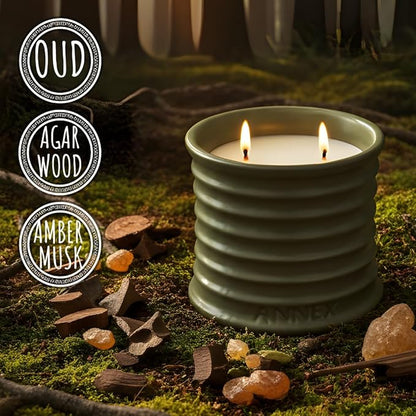 Scented Luxury Candles in Handmade Ceramic Jars, Soy Wax | Woody Wood – Oud & Agarwood, Large Candle | Non Toxic, 2 Wicks, Reusable Big Olive Green Jar | Natural Spring Aromatherapy for Women & Men