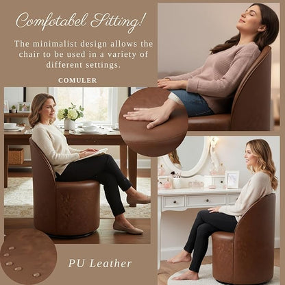 Modern Barrel Dining Chairs Set of 2, Swivel Base Cognac PU Leather Accent Chair 360°Rotating Mid-Century Dining Side Chair Kitchen Chair for Living Room, Bedroom, Home, Office, Kitchen(Brown)