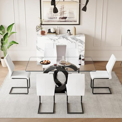 63'' Glass Dining Table Set for 6, Kitchen Table Chairs Set of 6, Clear Glass Dining Table with Black unique design Leg and Silver Metal Base, 6 PU Dining Chairs with Metal Legs, Living Room, Kitchen.