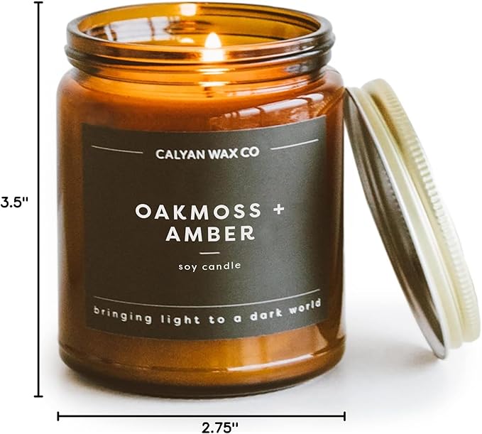 Calyan Wax Co. Oakmoss & Amber Scented Candle - 57 Hour Burn - Luxury Non Toxic Soy Wax Candles - Long Lasting Amber Glass Jar Candle for Home - 7.2oz