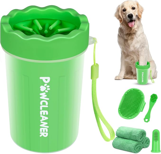Professional 7 in 1 Dog Paw Cleaner for Dogs & Cats - Includes 1 Portable Paw Washer, 1 Bath Brush, 2 Dog Toothbrushes and 3 Absorbent Towels Note: Fits Paws 1.5 to 2.5 Inches Wide (Medium, Green)